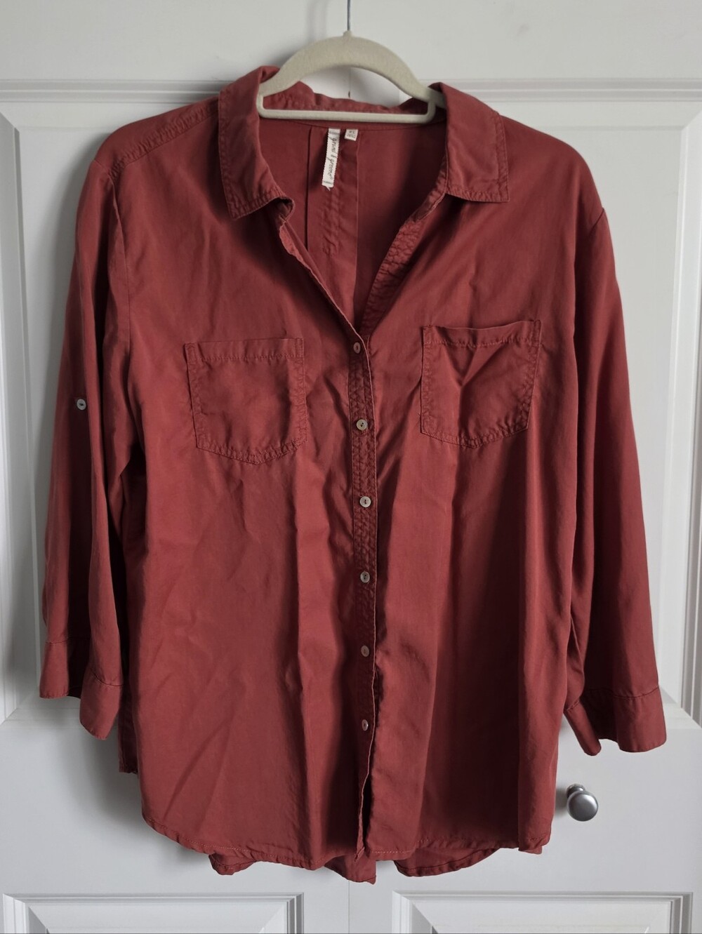 grand & greene Rust-Colored orange Button-Front Women's Shirt cooling fabric